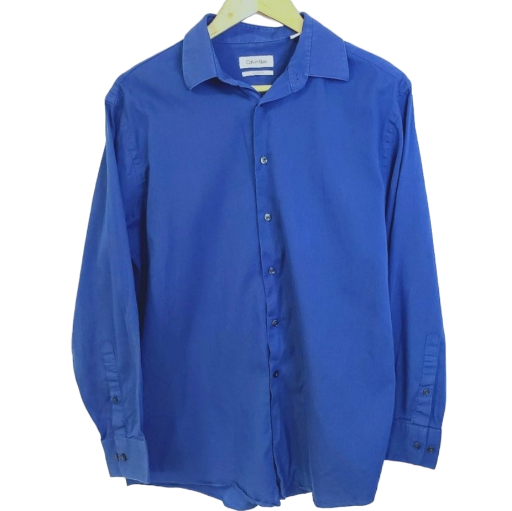 Calvin Klein Long Sleeve Button Up Dress Blue Dress Shirt Regular Fit Size 16